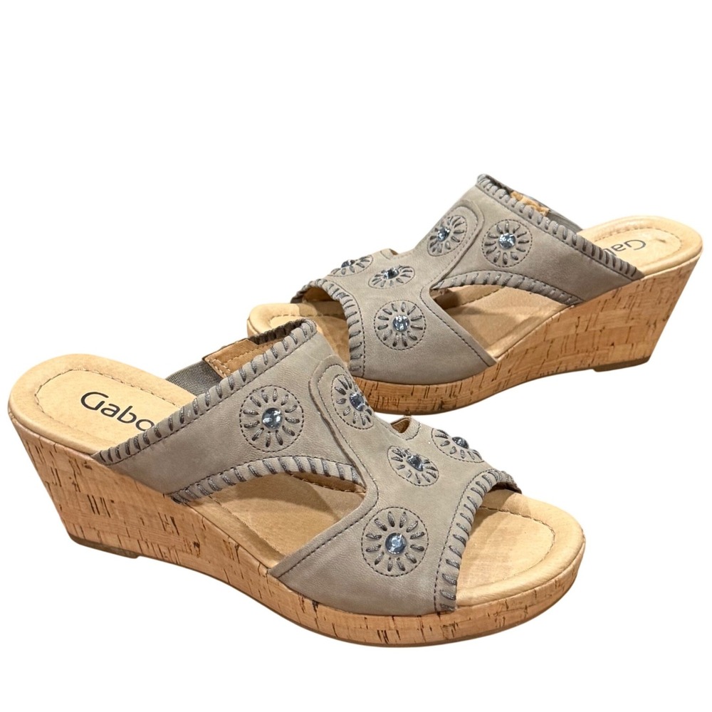 Gabor Comfort Cork Wedge Slide Sandals US 6.5 UK 5.5 Taupe Leather Jeweled